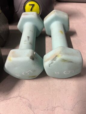 Pair of 5 lb Light Blue Neoprene Hex Dumbbells